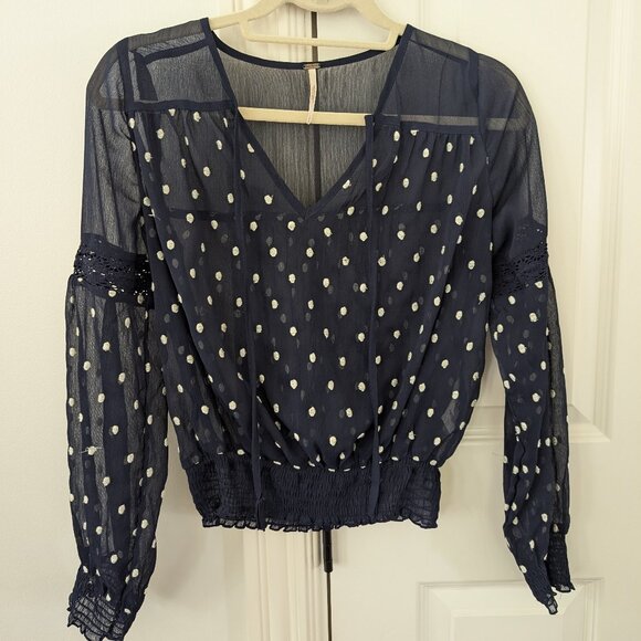 Free People Sheer Navy & White Polka Dot Blouse - Picture 1 of 8